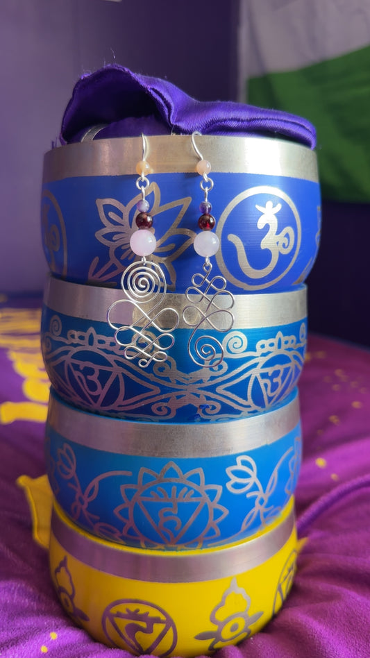 Unalome Earrings with Rose Quartz, Garnet, and Amethyst Beads